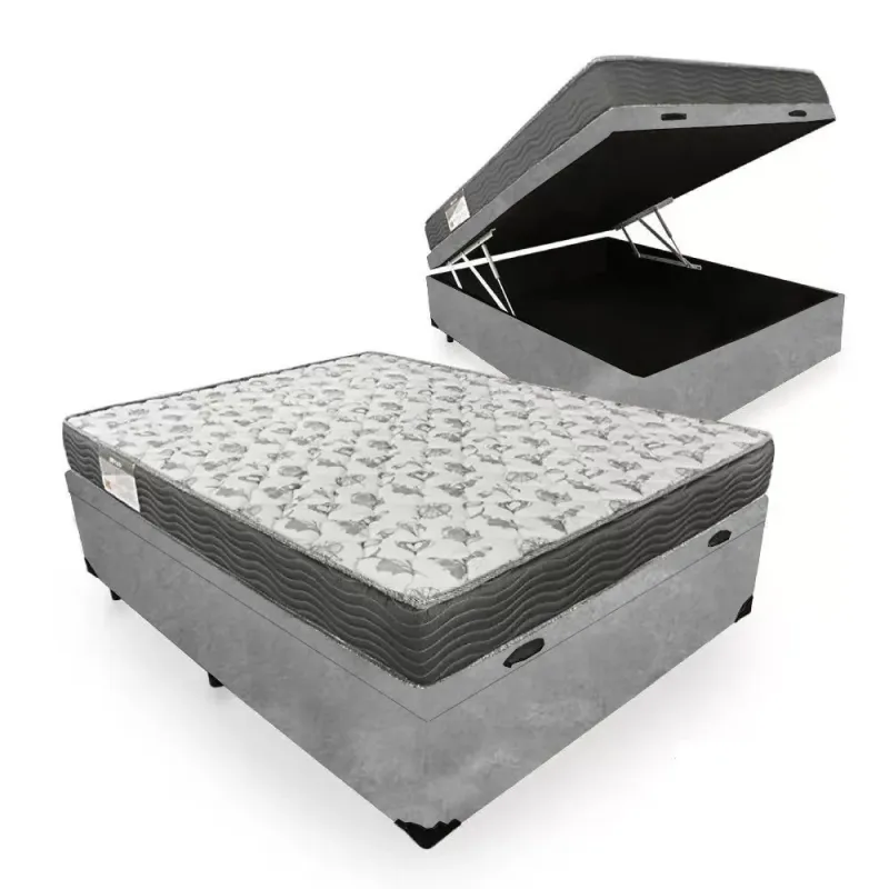 Cama Box Baú Casal Kit Colchão Espuma D33 Suede 138x188x56cm Cinza SerenePrime