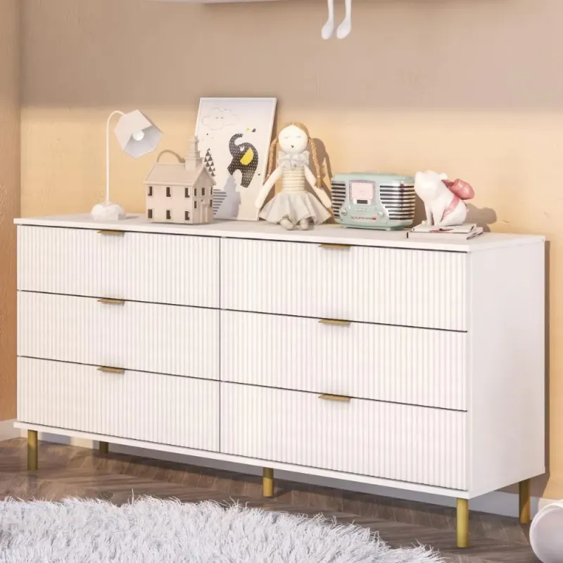 Cômoda DM-240 6 Gavetas em MDF com Puxador de Metal Branco para Quarto Casal ou Solteiro