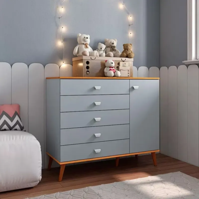 Cômoda Infantil Ternura 5 Gavetas 1 Porta em MDF com Puxador Plástico Azul Texturizado