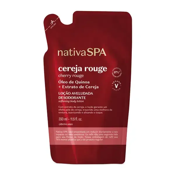 Compras acima de R$ 219 ganham de brinde o Refil Loção Aveludada Desodorante Corporal Nativa SPA Cereja Rouge 350ml. Promoção exclusiva para afiliados.