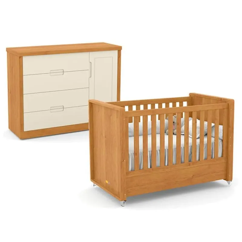 Conjunto Berço Americano e Cômoda Tutto New em MDF com Grade Fixa Off White para Bebês