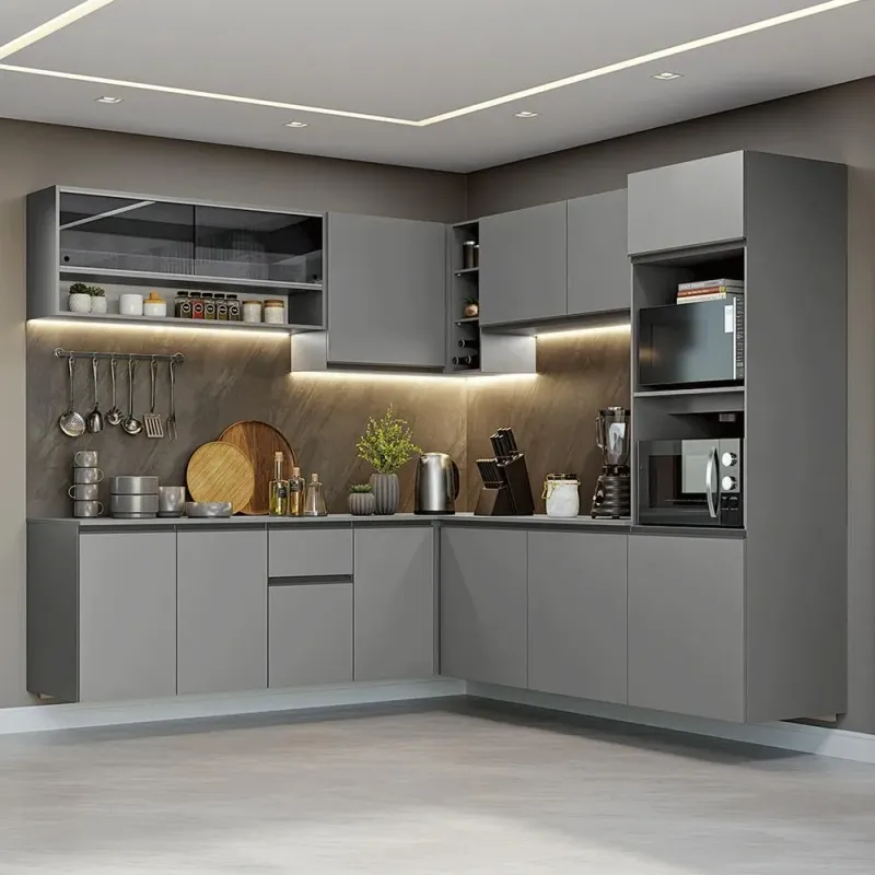 Cozinha Completa de Canto Suspensa Nice 7 Portas MDF 445cm Cinza com Tampo e Nicho para Forno