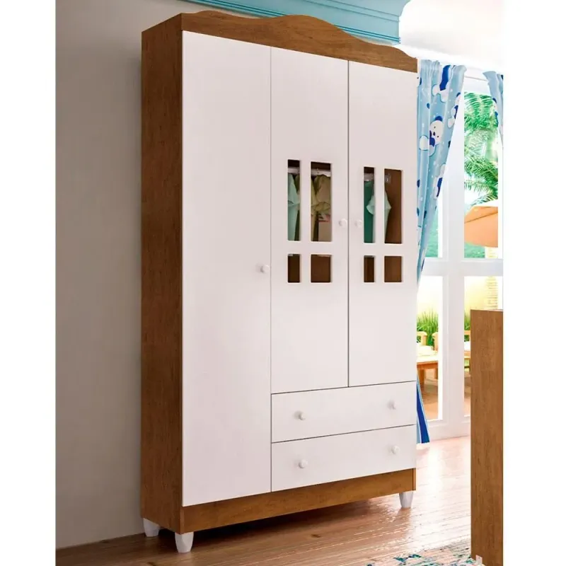 Guarda Roupa Infantil Ariel Carolina 3 Portas 2 Gavetas MDP-MDF Branco Amadeirado