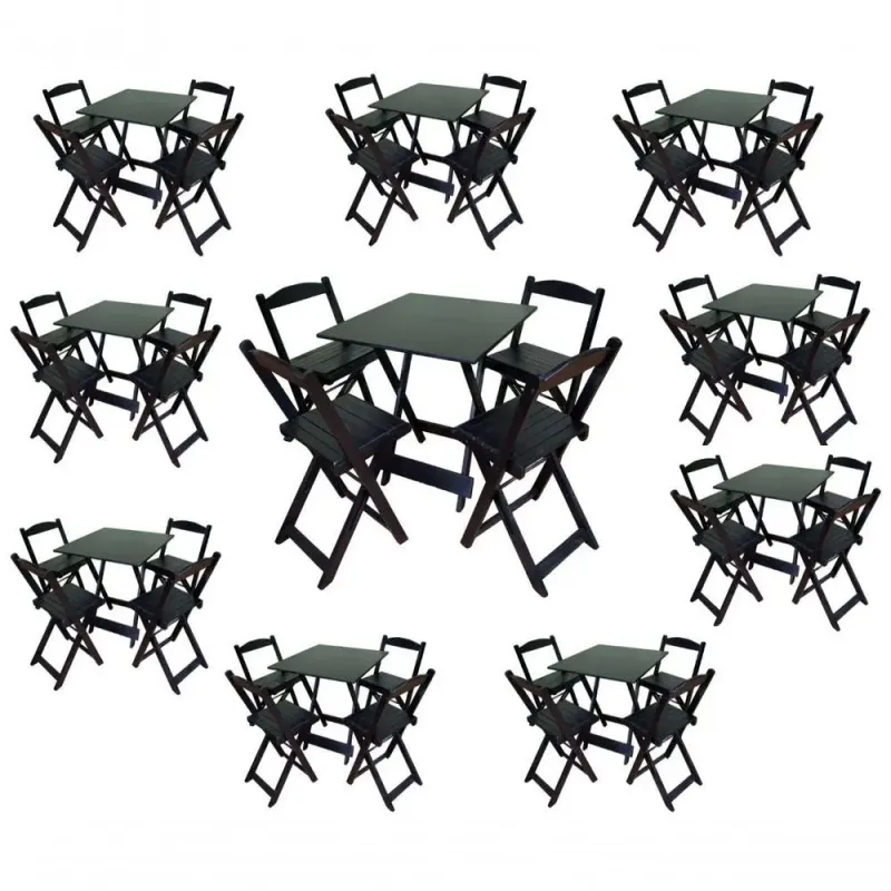 Kit 10 Conjuntos Dobráveis 70x70 Preto 10 Mesas e 40 Cadeiras Bar Restaurante