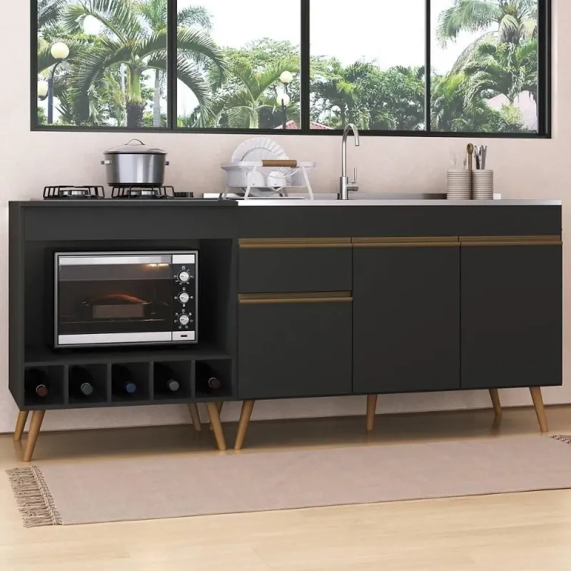 Kit Balcão De Cozinha Para Pia E Balcão Para Cooktop-forno 190cm Veneza Multimóveis Mp2384 Preto-dourado