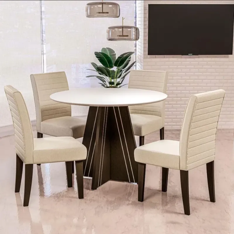 Mesa De Jantar Turim Com 4 Cadeiras Revestimento Em Tecido Linho Dobuê Castanho Branco Off E Bege