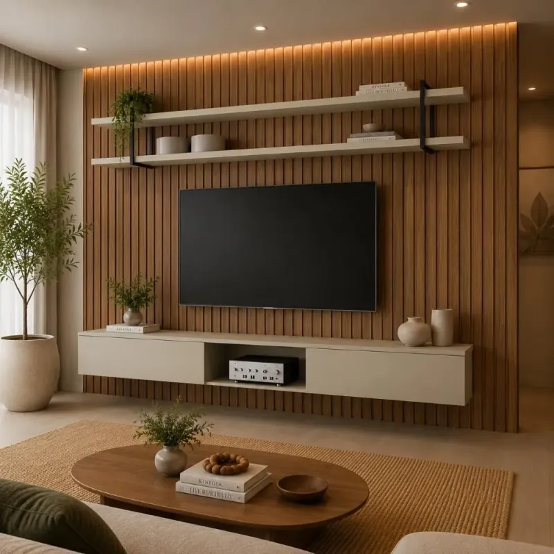 Painel para TV Ripado com Prateleira e Nicho 240CM 100% MDF Louro e Luna com Preto Casa Lar Shop