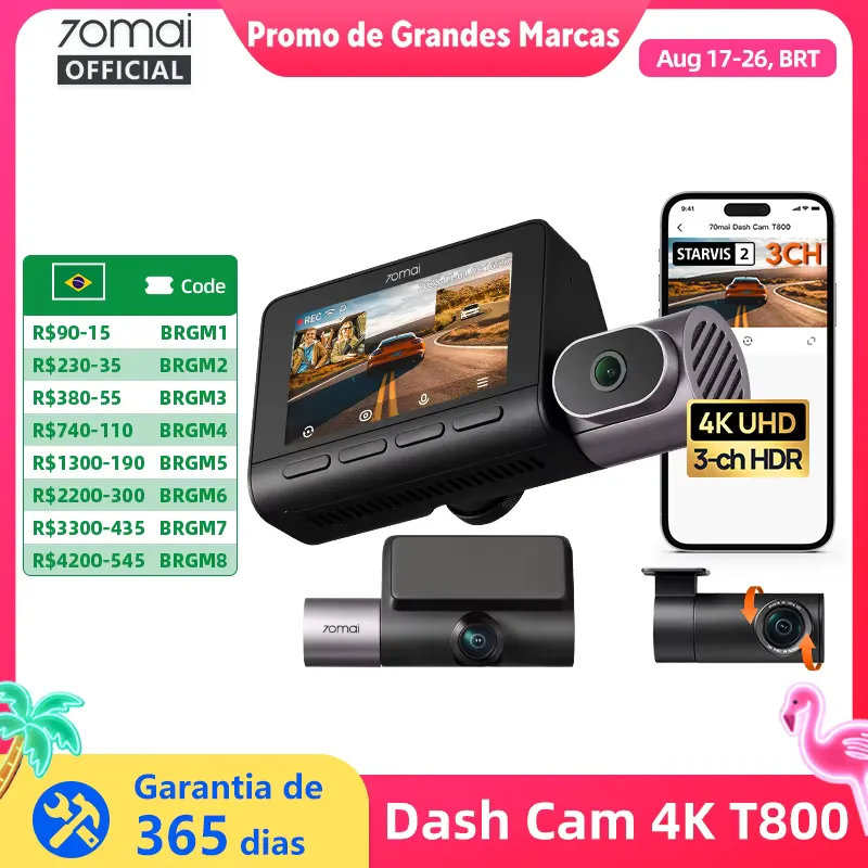 70mai Câmera Veicular 4K T800 3 Canais com GPS e ADAS