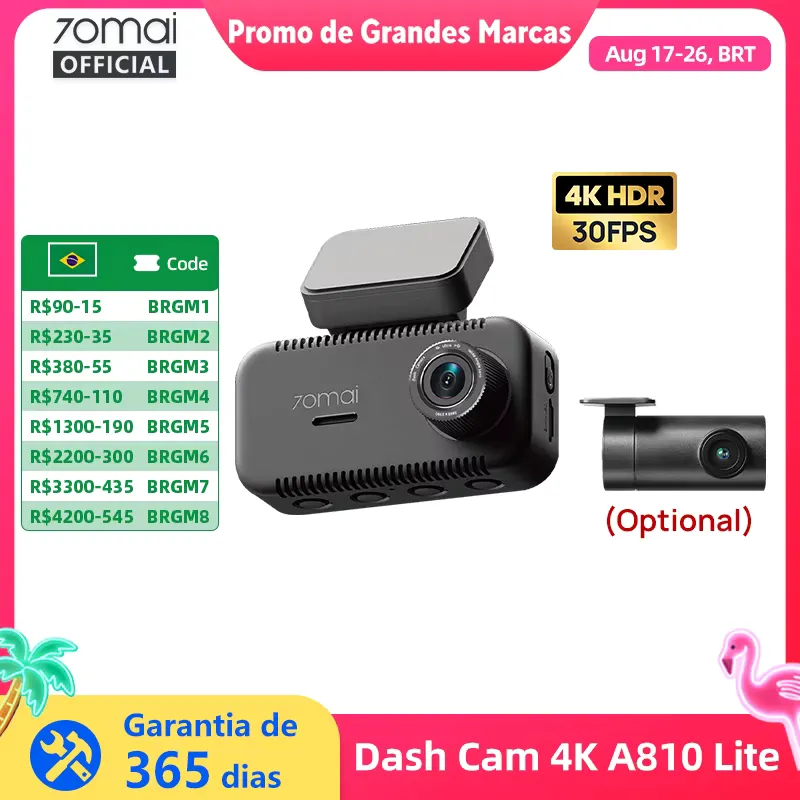 70mai Dash Cam 4K A810 Lite com GPS e Wi-Fi 6