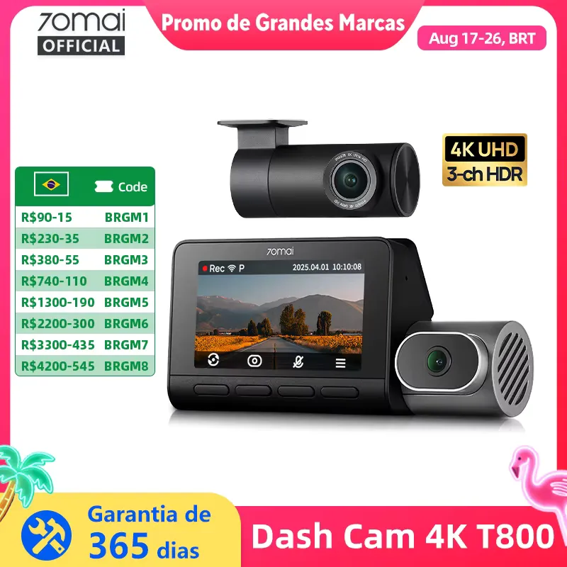 70mai Dash Cam 4K T800 com 4G e 3 Câmeras