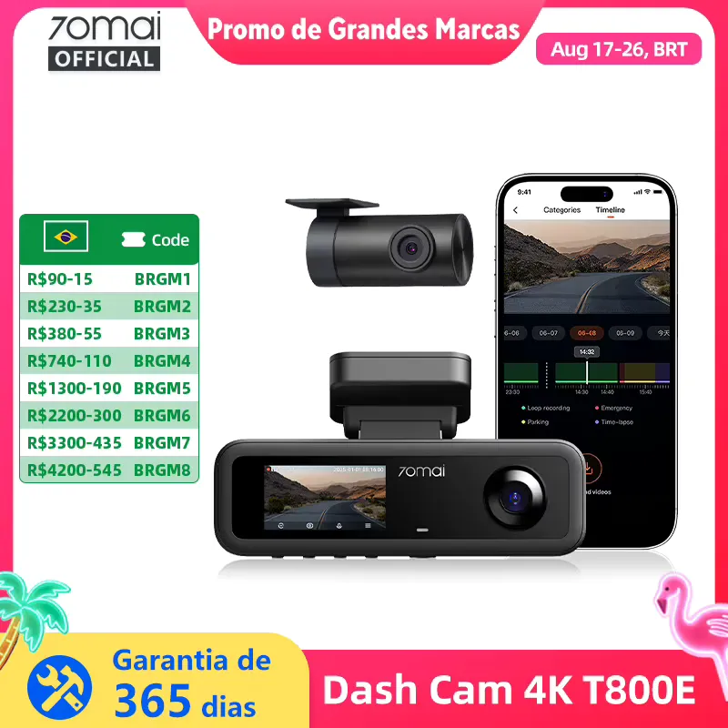 70mai T800E 4K - Dashcam 3 Canais com WiFi 6 e GPS