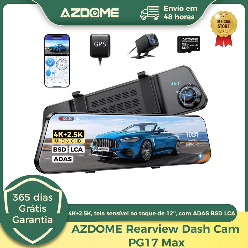 AZDOME Câmera de Ré 4K + 2.5K Espelho Retrovisor 12"
