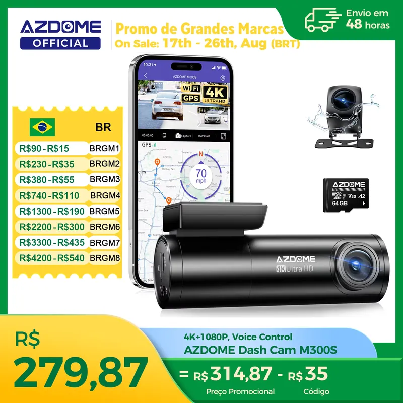 AZDOME M300S Câmera Veicular 4K Frontal e Traseira