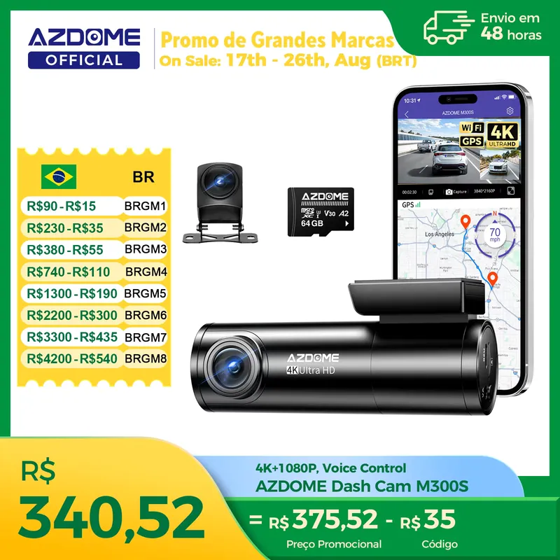 AZDOME M300S Câmera Veicular 4K Dual com GPS e WiFi