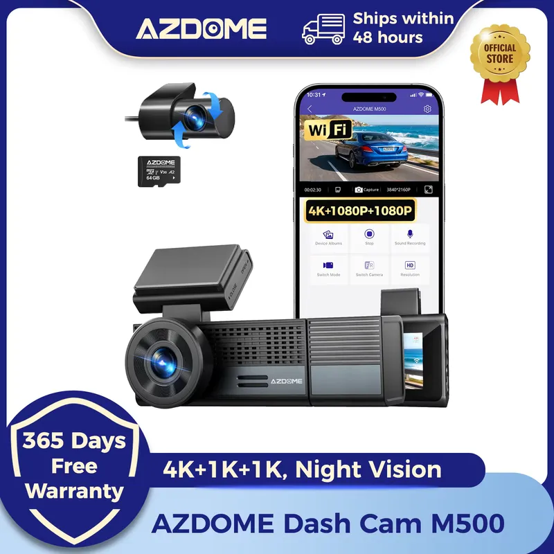 AZDOME M500 Câmera Veicular 4K com 3 Canais e Visão Noturna