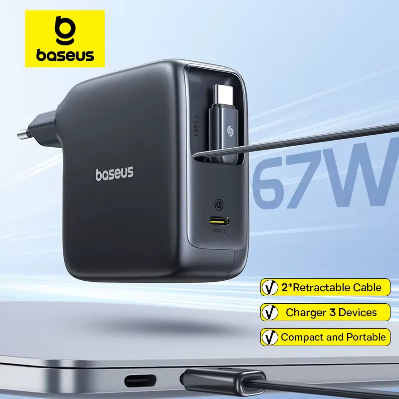Baseus Carregador 67W GaN com Cabo Retrátil Duplo
