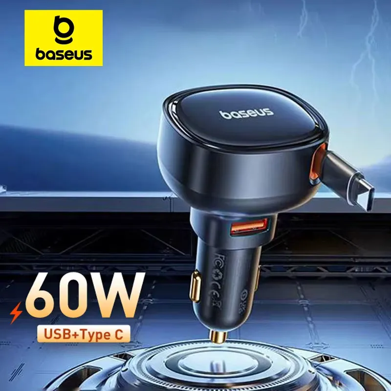 Baseus Carregador de Carro 60W Dual USB com Cabo Retrátil