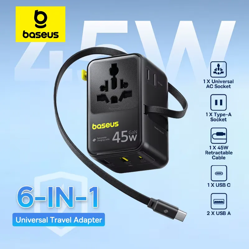 Baseus Carregador GaN 45W/70W 6 em 1 com Cabo Retrátil