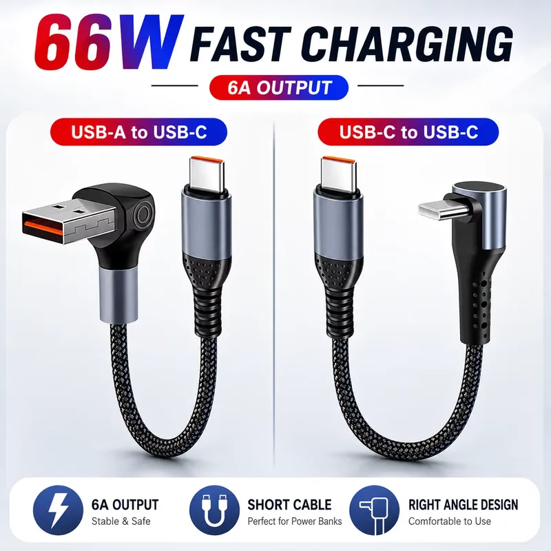 Cabo USB-C Ângulo Reto 66W 6A – Carregamento Rápido 25/50 cm