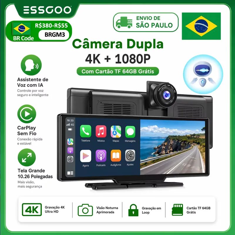 ESSGOO Câmera Veicular 4K DVR 10.26" CarPlay Android Auto