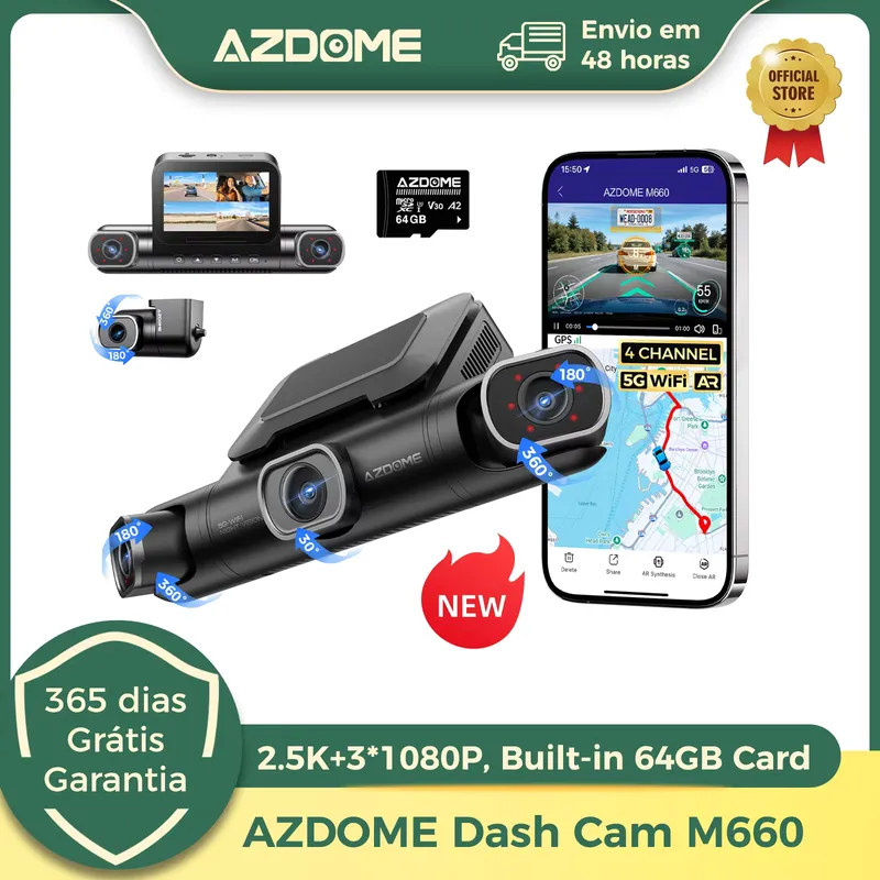 AZDOME M660 Câmera Veicular 4 Canais 2.5K com GPS e Wi-Fi 5G
