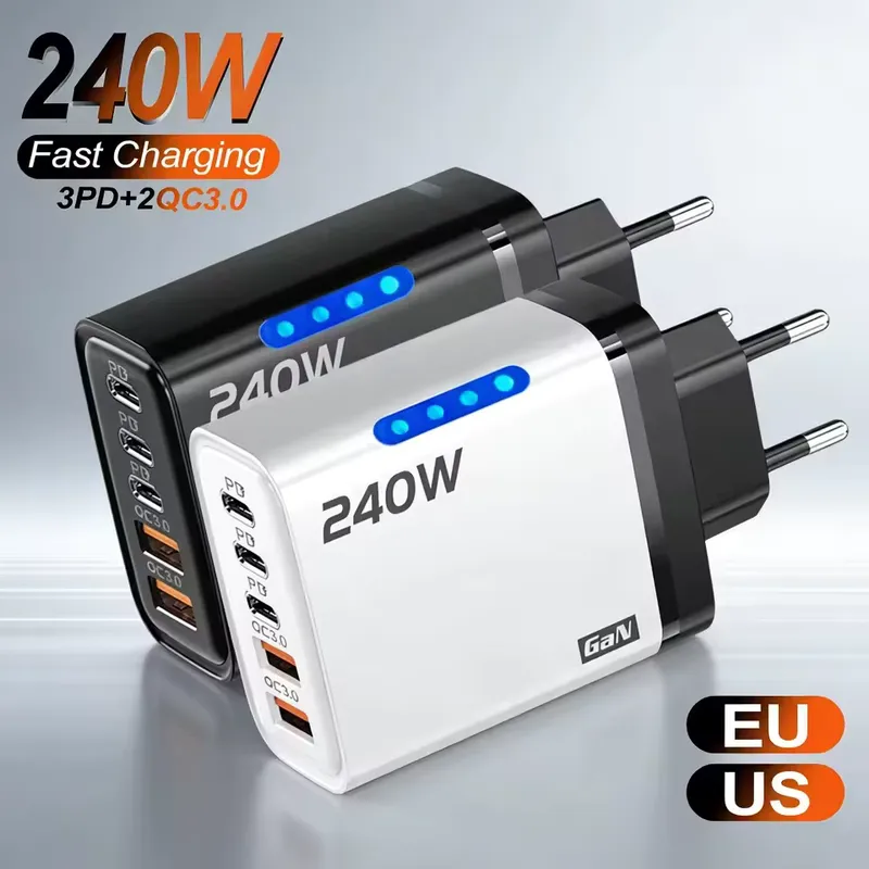 Genérico Carregador GaN 5 em 1 240W – iPhone, Samsung, USB‑C