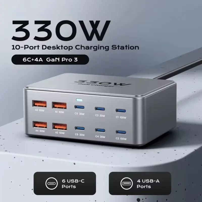 Carregador USB‑C GaN 330W – Estação de 4 Portas PD3.0 PPS 100W
