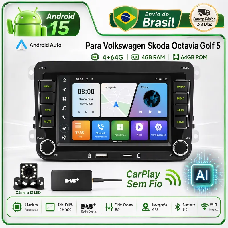 ESSGOO Central Multimídia Android 15 Carplay GPS Volkswagen