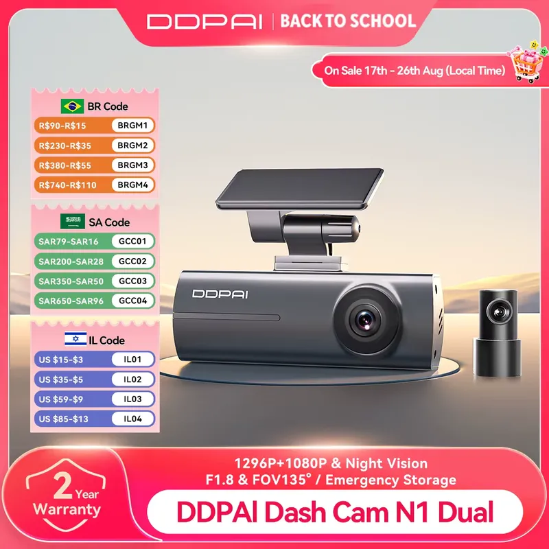 ddpai Dash Cam N1 Dupla Frontal e Traseira NightVIS 1296P