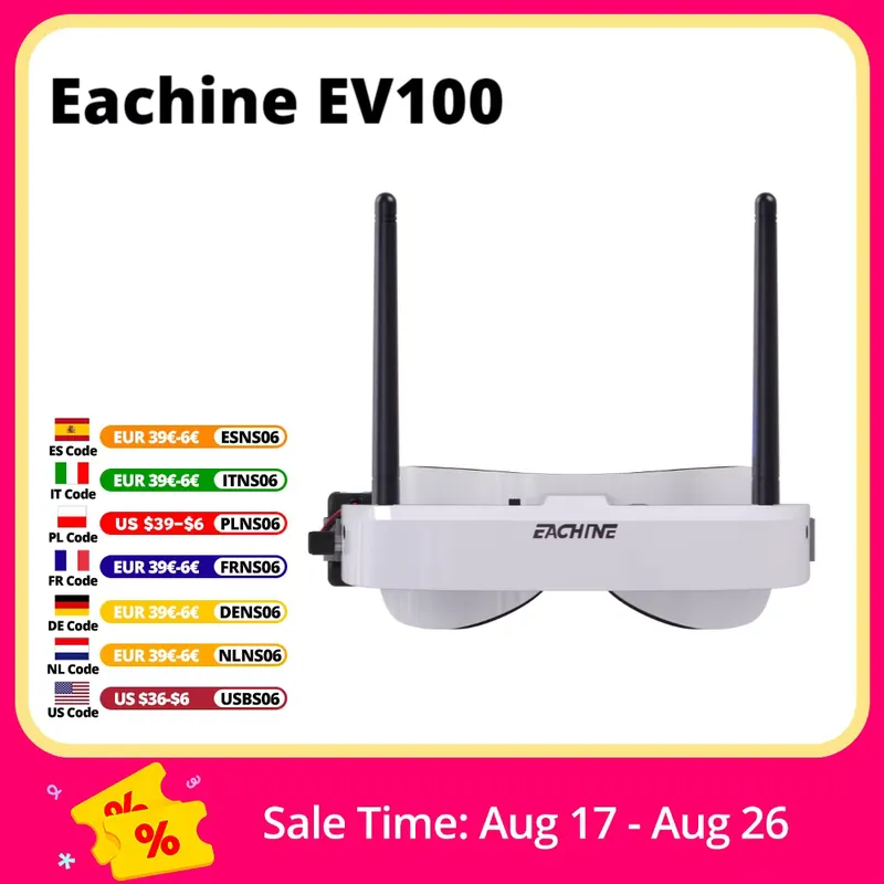 Eachine EV100 Óculos FPV 5.8G 72CH com Ventilador e Bateria 18650