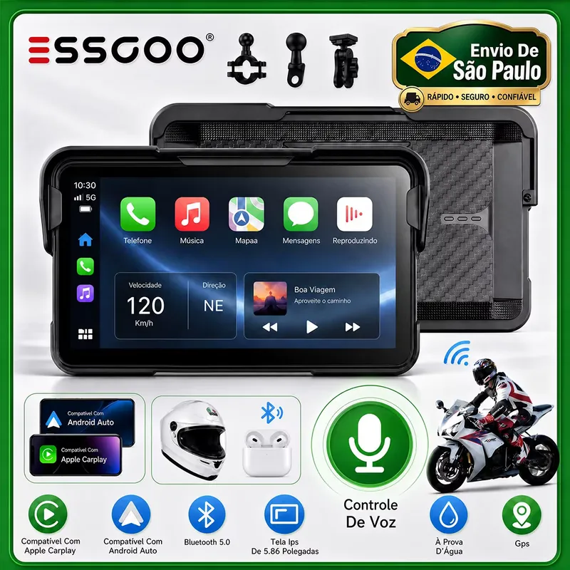 ESSGOO DVR Portátil 5" GPS CarPlay Android Auto à Prova d'Água