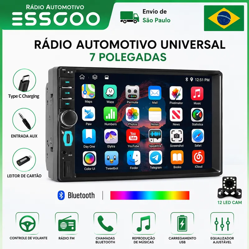 ESSGOO Reprodutor Multimídia Automotivo 7 Polegadas 1 Din