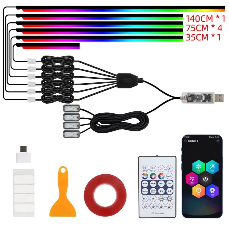 KALADA Fita LED RGB 10 em 1 para Carro com Controle App