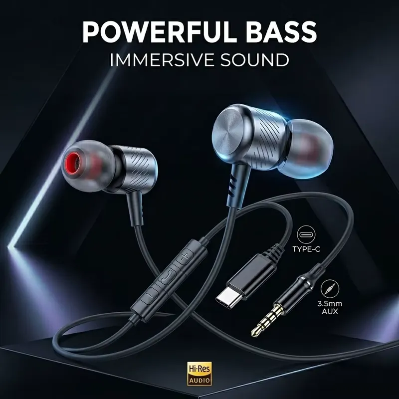 Fones de ouvido metal com graves profundos – cabo USB-C e 3,5 mm