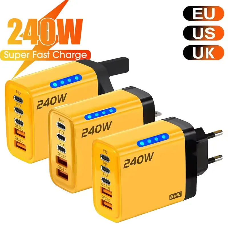 Gan Carregador Rápido 240W 5 em 1 com LED – 2 USB + 3 Type‑C