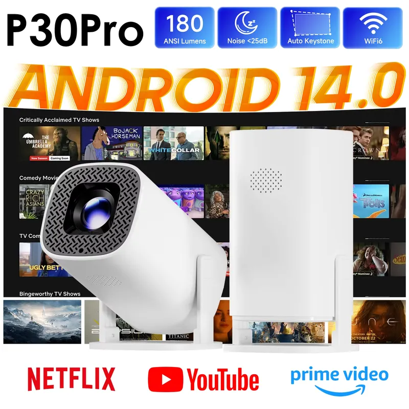 HONGTOP Mini Projetor Android 14 720p WiFi 6 – Home Theater