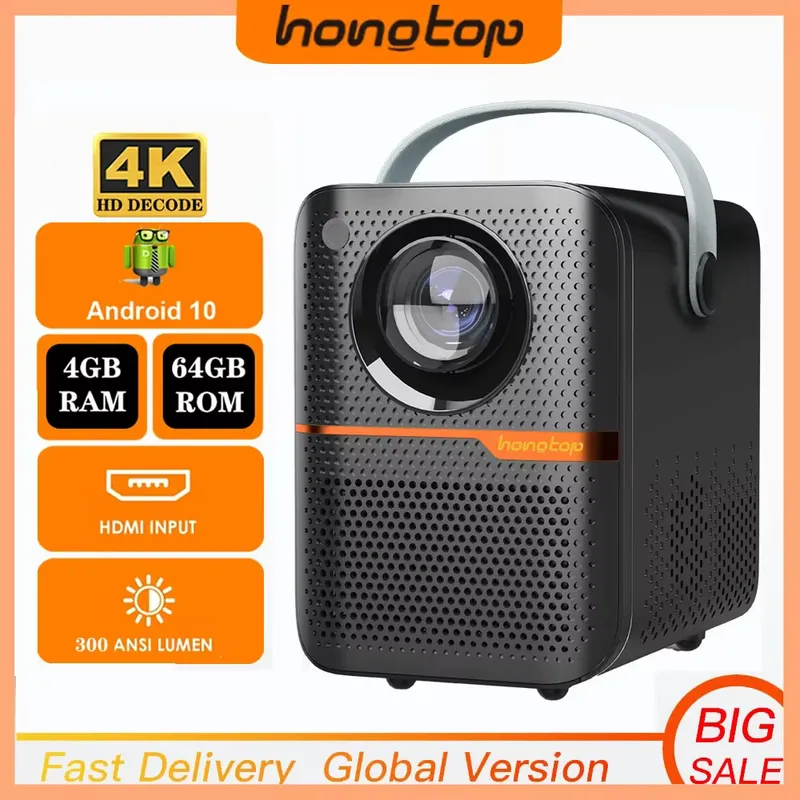 HONGTOP Mini Projetor Android 300 ANSI Lumen – Portátil 4K Wi‑Fi