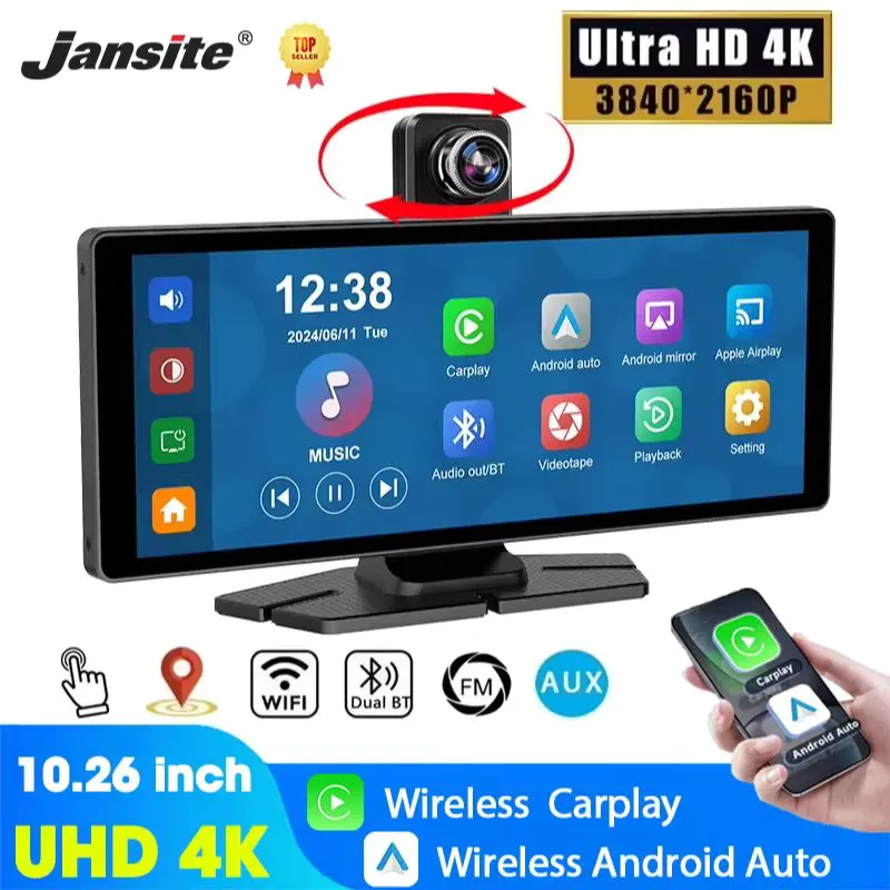Jansite Dash Cam 4K Sem Fio com CarPlay Android Auto