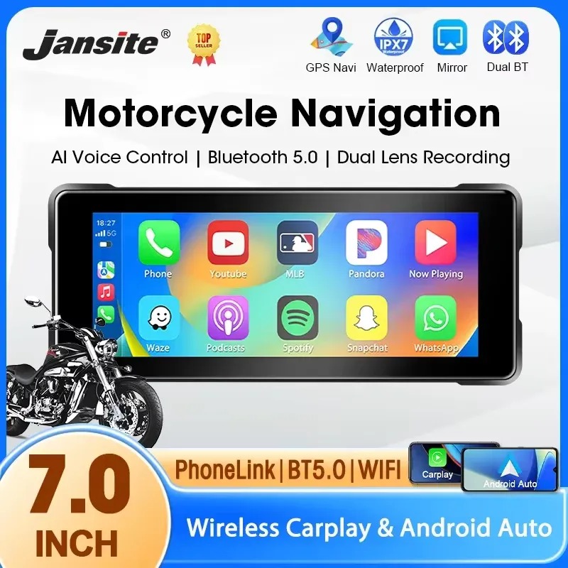 Jansite Tela GPS 7" para Motocicleta com CarPlay e Android Auto