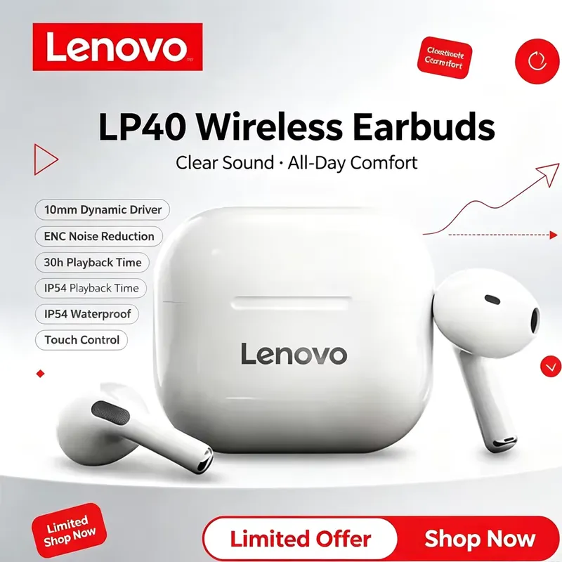 Lenovo LP40 Fone de Ouvido Sem Fio Bluetooth 5.0