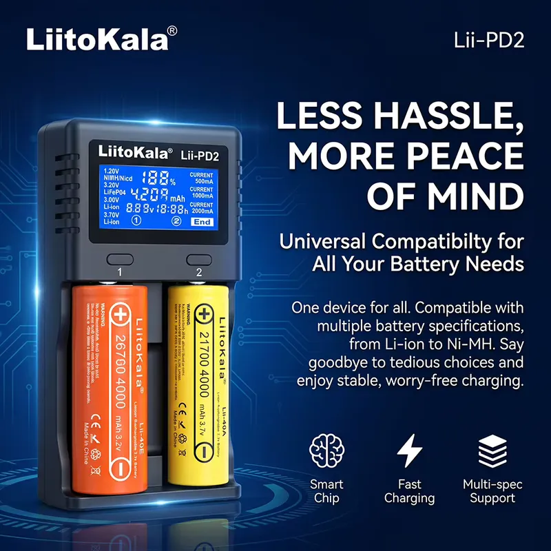 LiitoKala Carregador Inteligente Universal PD2 com 2 Slots e LCD