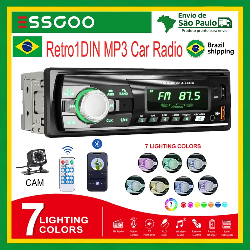 Rádio Automotivo 1DIN Bluetooth com Carregamento Rápido