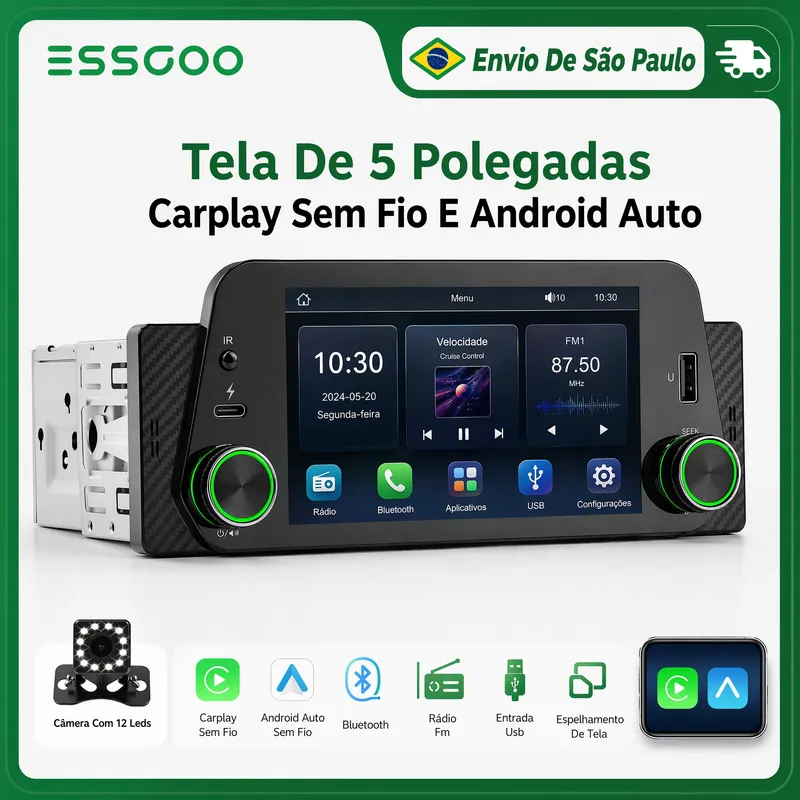 Rádio Automotivo 5" CarPlay e Android Auto Sem Fio