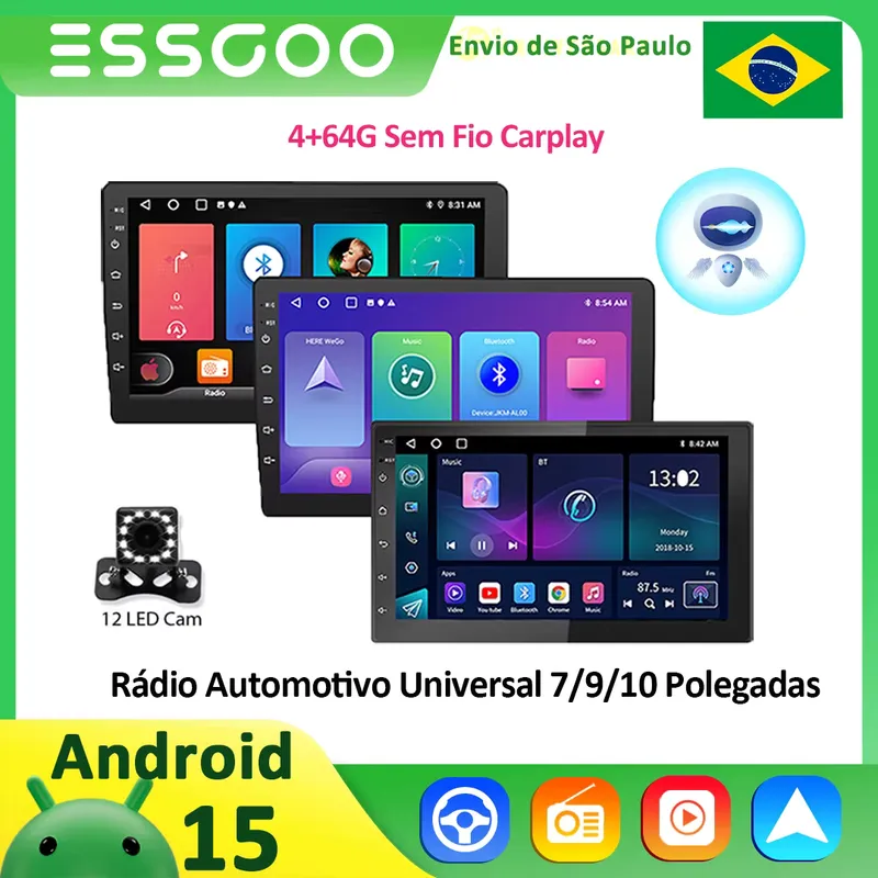 ESSGOO Rádio Automotivo Android 15 7" a 10" Carplay