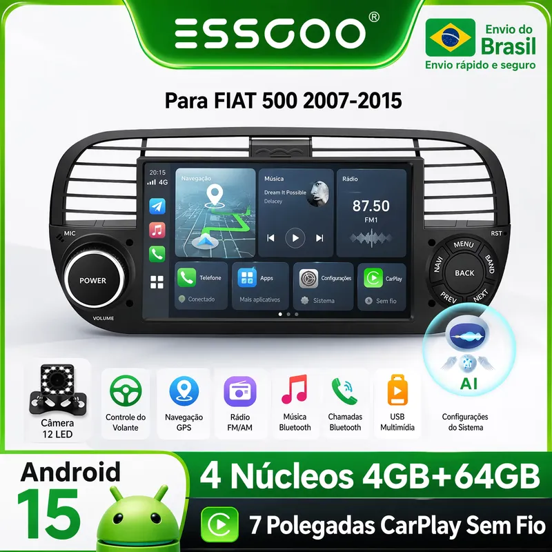 ESSGOO Rádio Automotivo Android 15 Carplay sem Fio FIAT 500