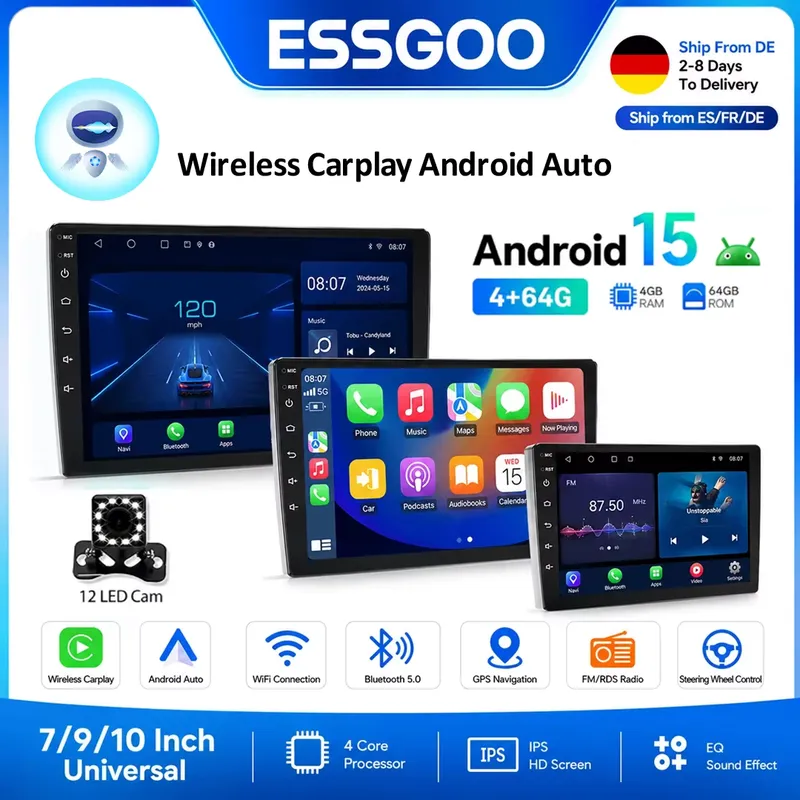 ESSGOO Rádio Automotivo Android 15 com Carplay Sem Fio