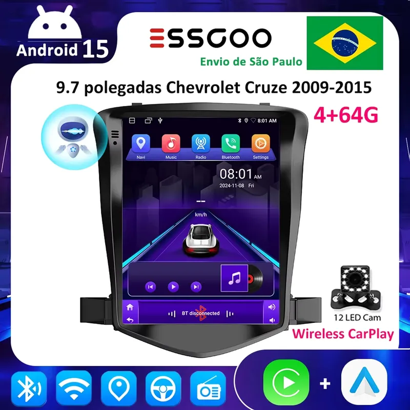 Rádio CarPlay Android 15 para Chevrolet Cruze