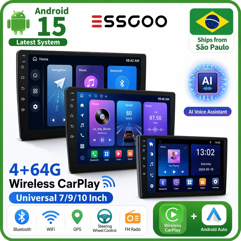 ESSGOO Rádio Android 15 Carplay Sem Fio 64GB GPS