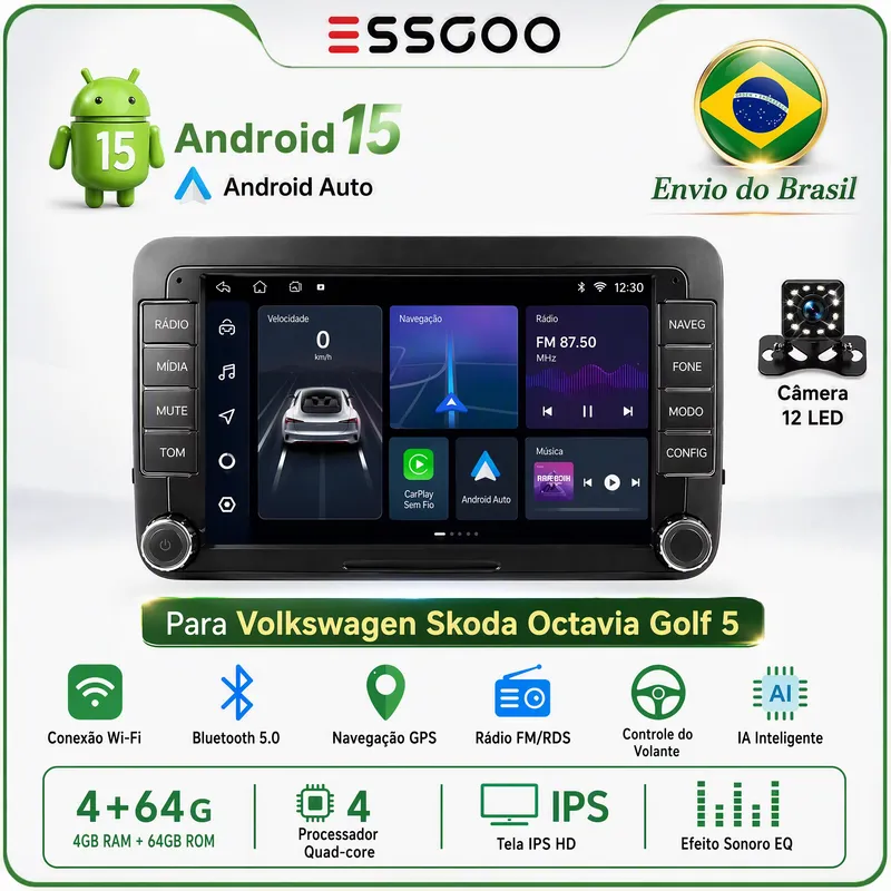 ESSGOO Rádio Android 15 CarPlay Sem Fio para VW