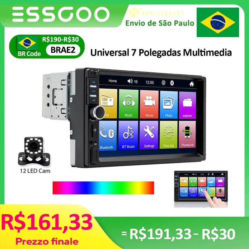Rádio Multimídia 1 Din 7 Polegadas MP5 USB Bluetooth